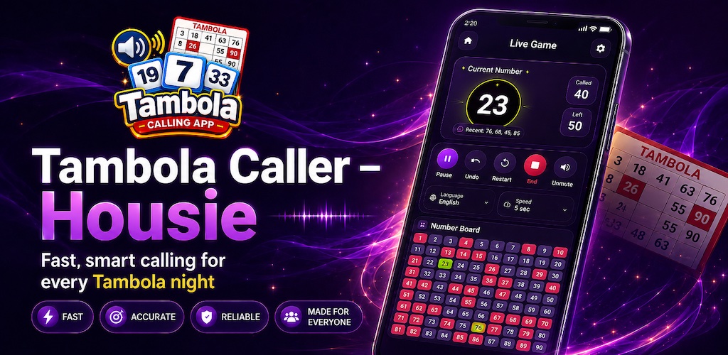 Tambola Caller – Housie live game screen with automatic calling controls and a 1–90 number board